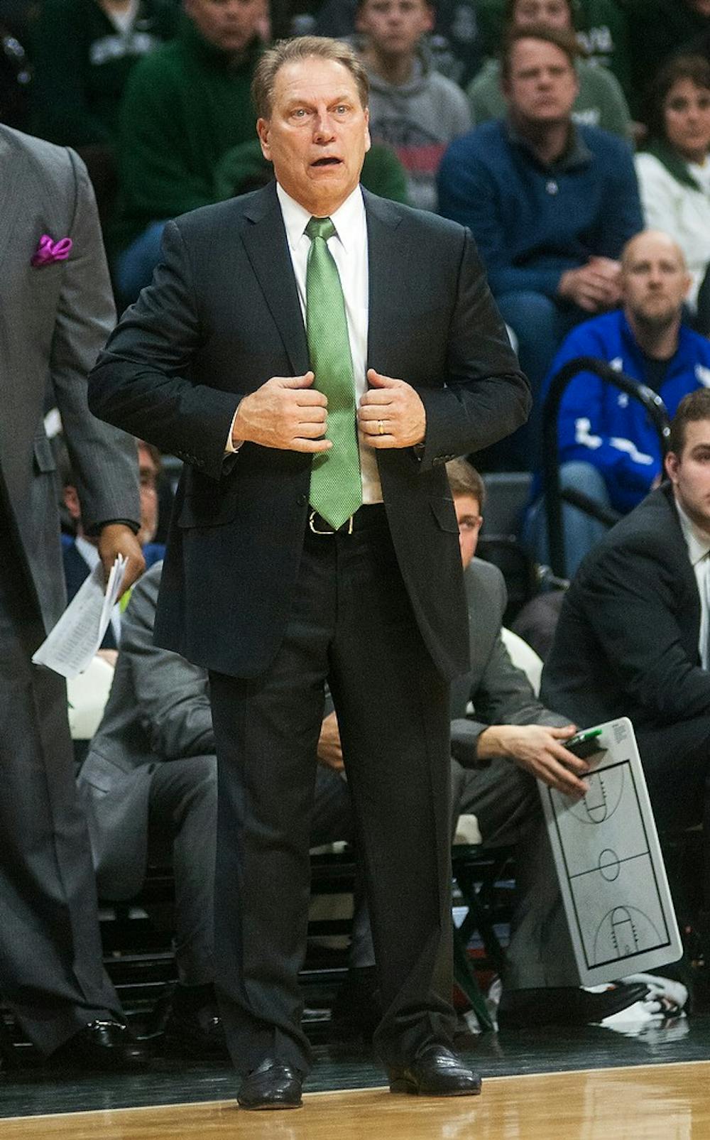 <p>Head coach Tom Izzo reacts to a foul by freshman guard Lourawls Nairn Jr. during the game against Maryland on Dec. 30, 2014, at Breslin Center. The Spartans were defeated by the Terrapins, 68-66 in double overtime. Danyelle Morrow/The State News</p>
