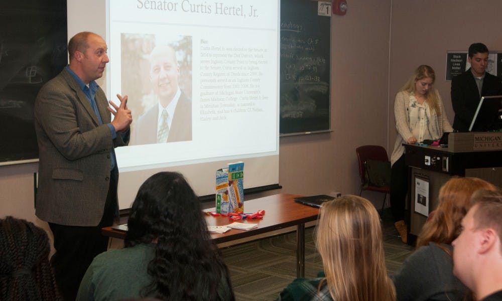 <p>State senator Curtis Hertel Jr. talks to the MSU College Democrats about the 'Yes means Yes' bill on Oct. 5th, 2015, at Case Hall.</p>