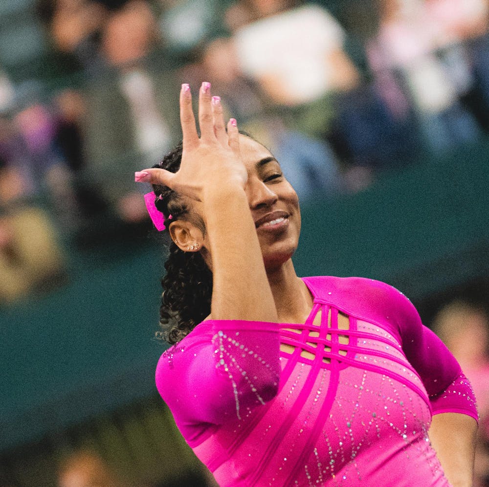 MSU freshman AA Jazlynn Chism poses on the floor at the Jenison Field House in East Lansing, MI, on Feb. 21, 2026.
