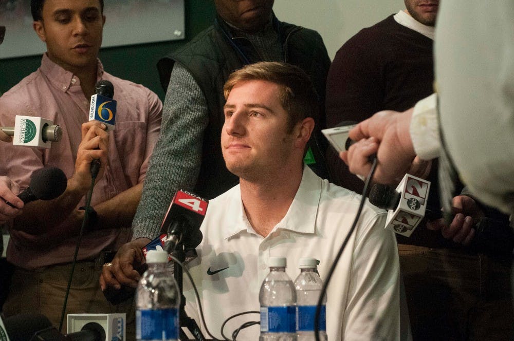Senior quarterback Connor Cook listens to a question during a Cotton Bowl media conference on Dec. 16, 2015 at Spartan Stadium. Select members of the football team answered questions posed by numerous media outlets regarding the upcoming Cotton Bowl against Alabama.