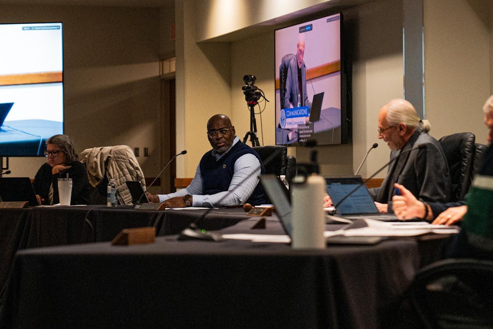 City council members prepare for the meeting at the East Lansing Hannah Community Center in East Lansing on Feb. 4, 2026.