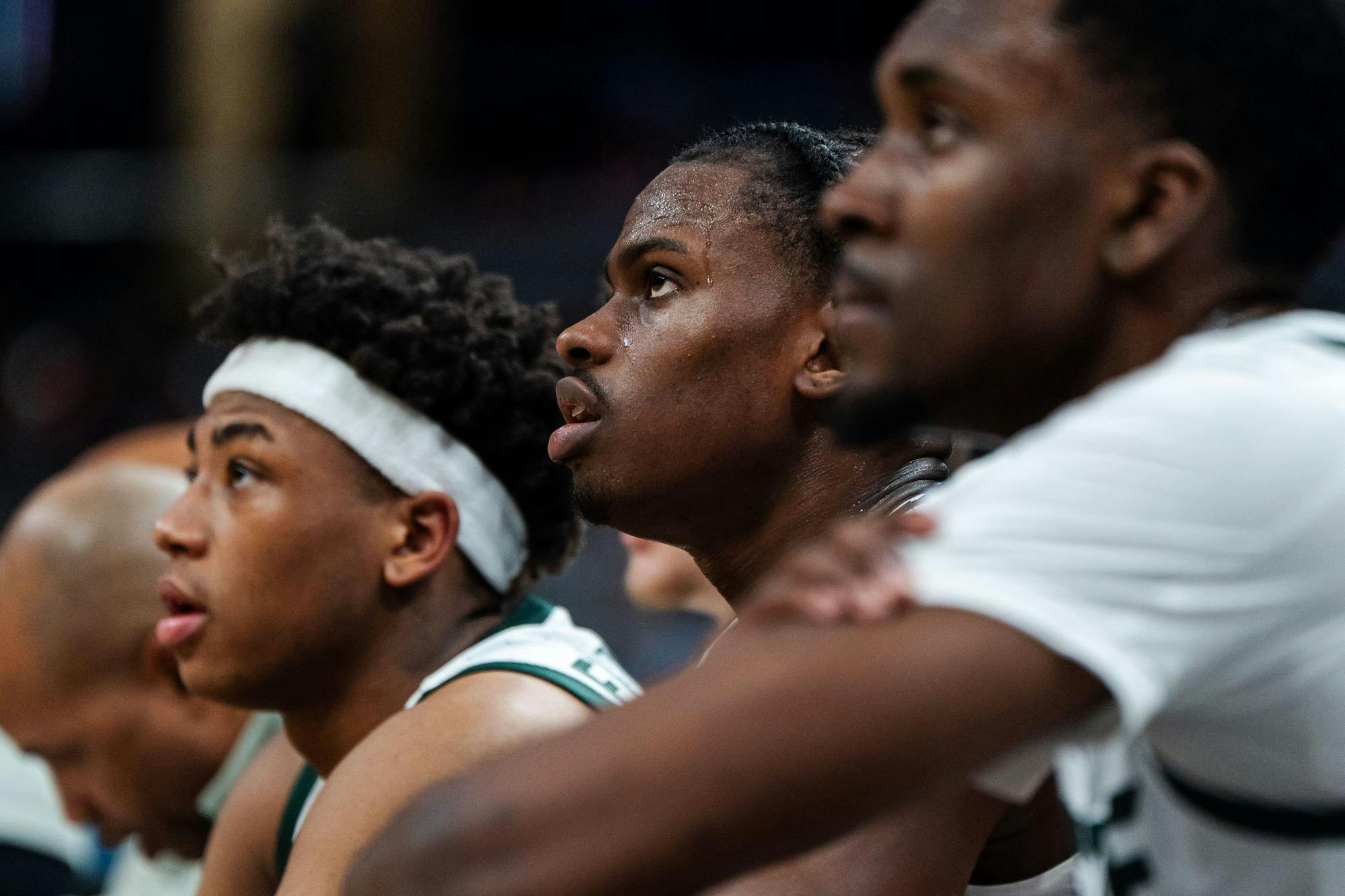 <p>Michigan State sophomore guard Coen Carr (55) watches from the bench during the Big Ten Conference Tournament at Gainbridge Fieldhouse in Indianapolis on March 15, 2025. The Spartans fell to Wisconsin 77-74.</p>