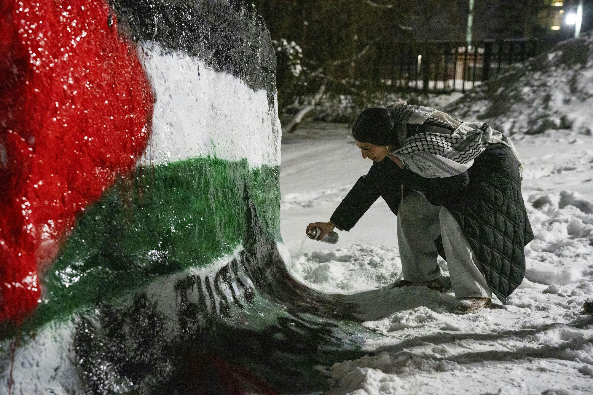 <p>Marketing junior Sarah Nabeel spray paints the words "NO JUSTICE NO PEACE" across The Rock on Farm Lane on Jan. 23, 2025. In light of the recent Israel-Hamas ceasefire, Students for Justice in Palestine members painted the Palestinian flag and the phrase "NO JUSTICE NO PEACE" in remembrance of those lost in conflict.</p>