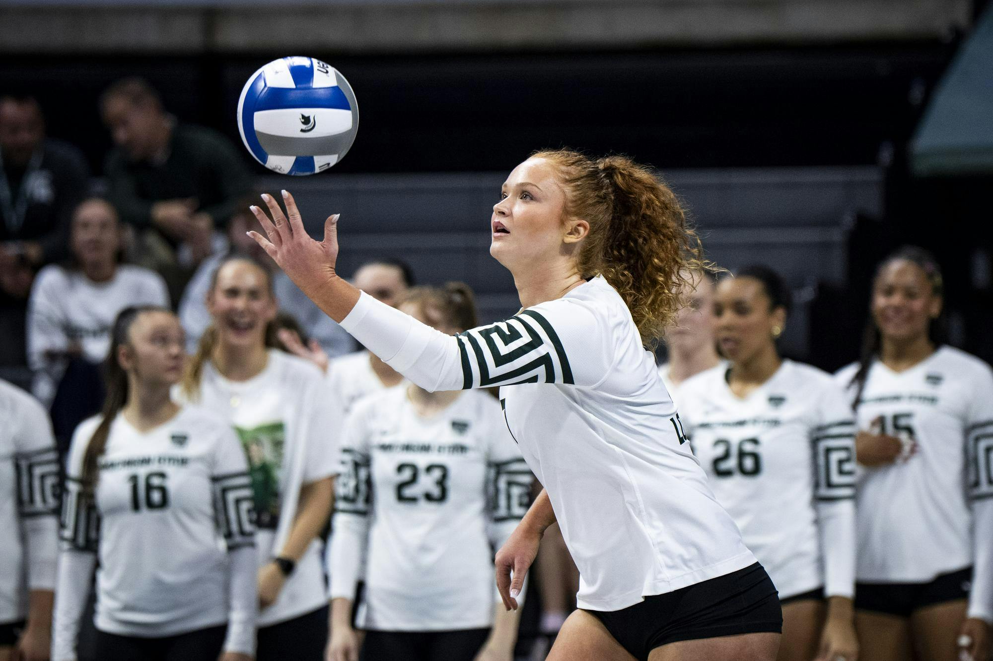 <p>Michigan State sophomore setter Malayah Long (7) serves during a match against Washington at Breslin Center in East Lansing, Mich., on Friday, Sept. 25, 2026.</p>