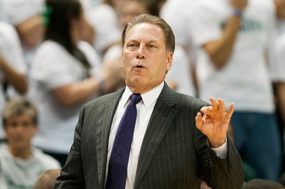 	<p>Head coach Tom Izzo yells at players from the sidelines during the game against Indiana University of Pennsylvania, Nov. 4, 2013, at Breslin Center. The Spartans beat the Crimson Hawks, 83-45. Danyelle Morrow/The State News</p>