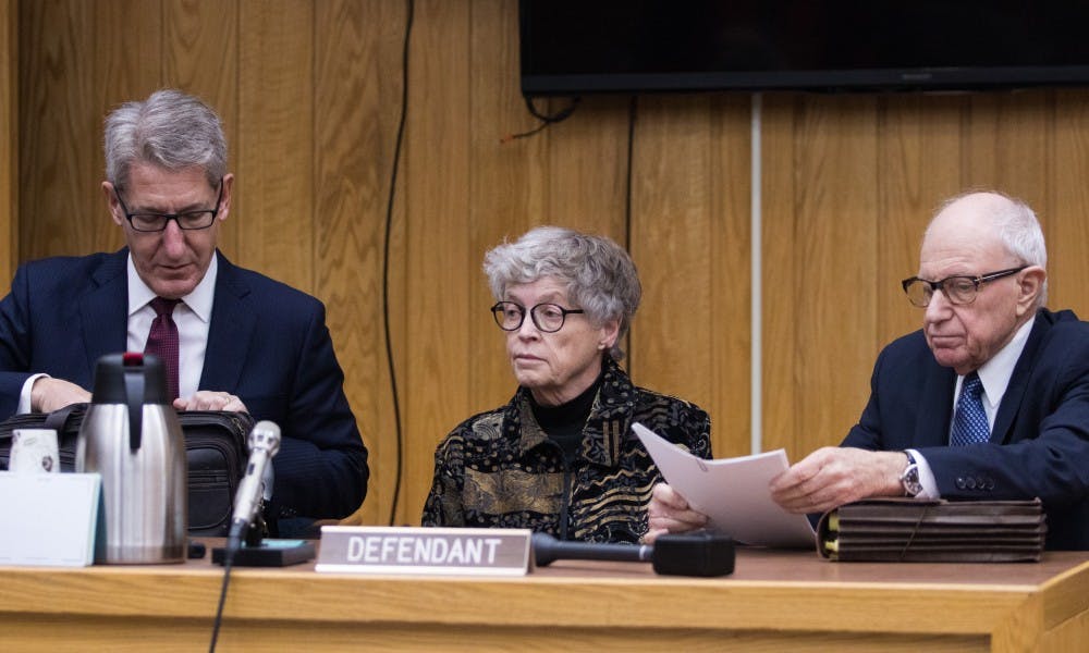 From left to right, Lee Silver, former Michigan State University President Lou Anna K. Simon and Mayer Morganroth during Simon's arraignment at the Eaton County Courthouse on Nov. 26, 2018. She is being charged with four counts of lying to a Peace Officer about the Nassar Investigation.