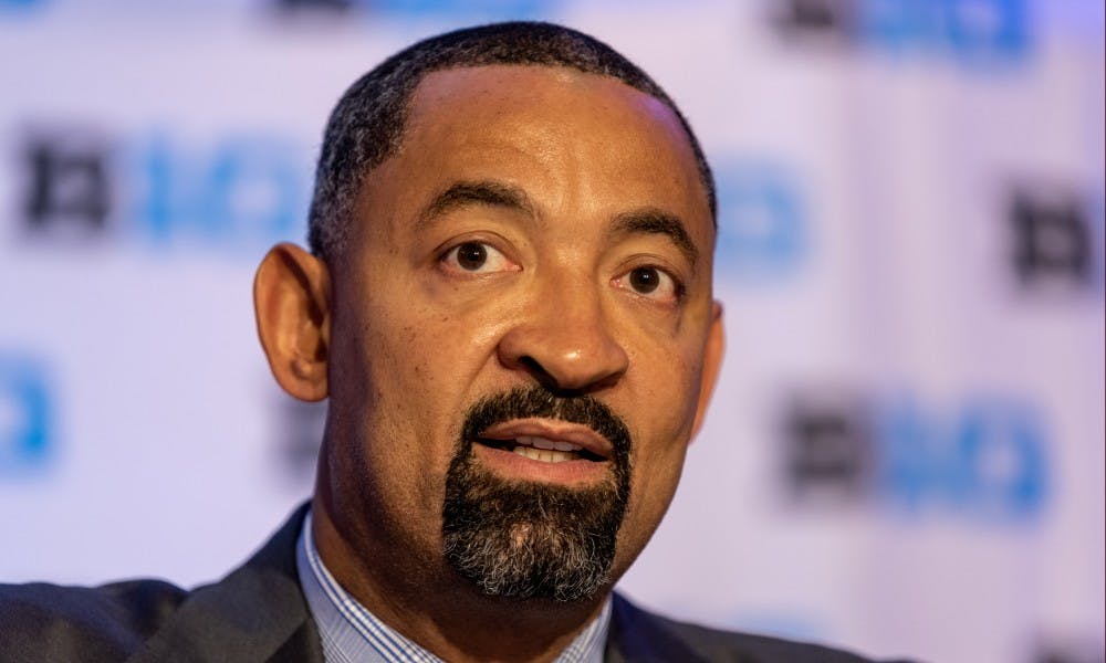<p>Michigan head basketball coach Juwan Howard speaks to the press during Big Ten basketball media day in Chicago on Oct. 2, 2019. </p>
