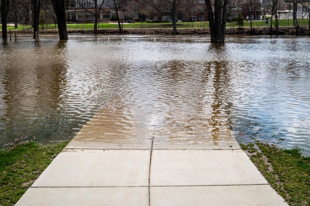 Flooding on Michigan State University’s campus in East Lansing, Mich., is pictured on Monday, April 6, 2026.