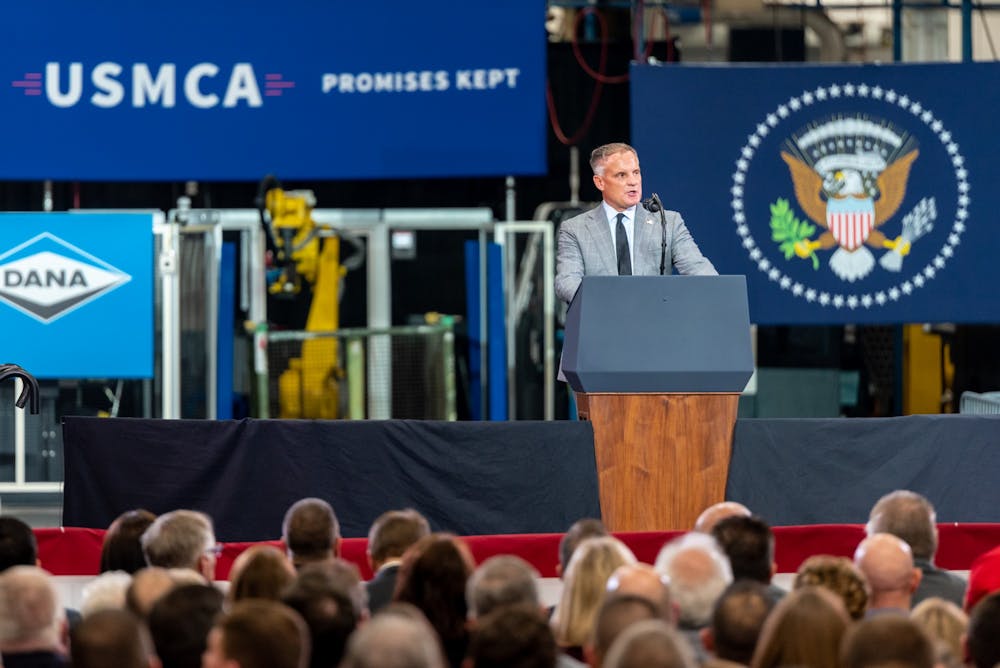 <p>Dana Incorporated CEO James Kamsickas speaks before remarks from President Donald Trump at Dana Incorporated in Warren, MI on Jan. 30, 2020.</p>