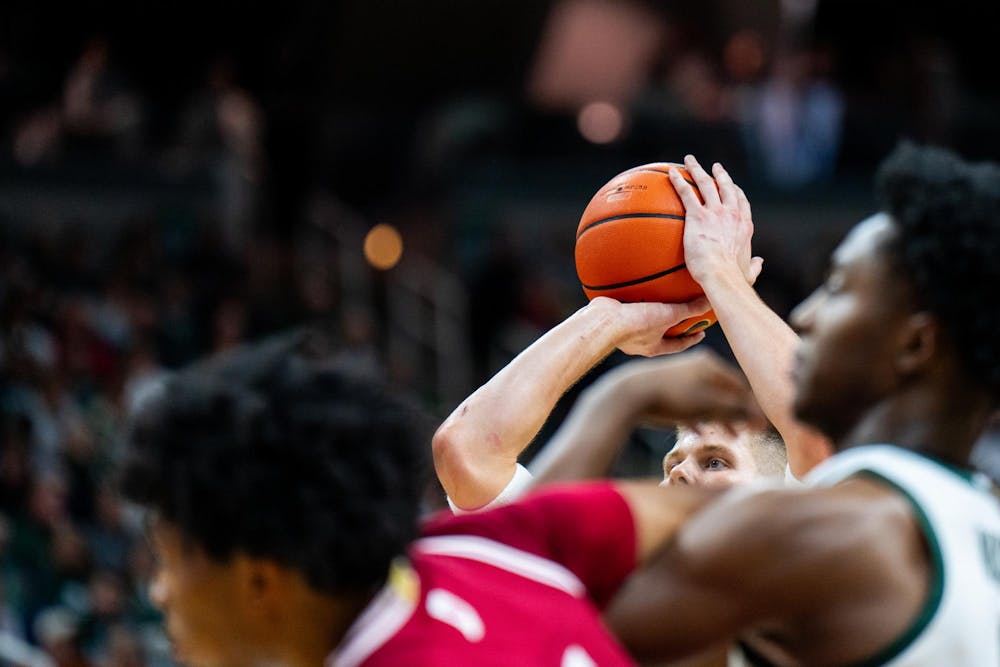 <p>Michigan State Spartans forward Jaxon Kohler (0) shoots a free point shot during an NCAA Division I basketball game between Michigan State and Indiana at the Breslin Center in East Lansing, Michigan, on Tuesday, Jan. 13, 2026.</p>