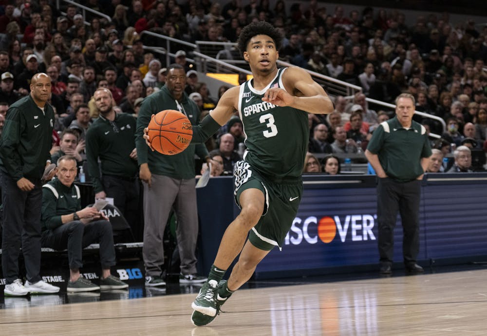 <p>Michigan State&#x27;s freshman guard Jaden Akins approaches the net for a Spartan goal in MSU&#x27;s match against the Purdue Boilermakers in the semifinals of the B1G tournament at Gainbridge Fieldhouse in Indianapolis. - March 12, 2022</p>