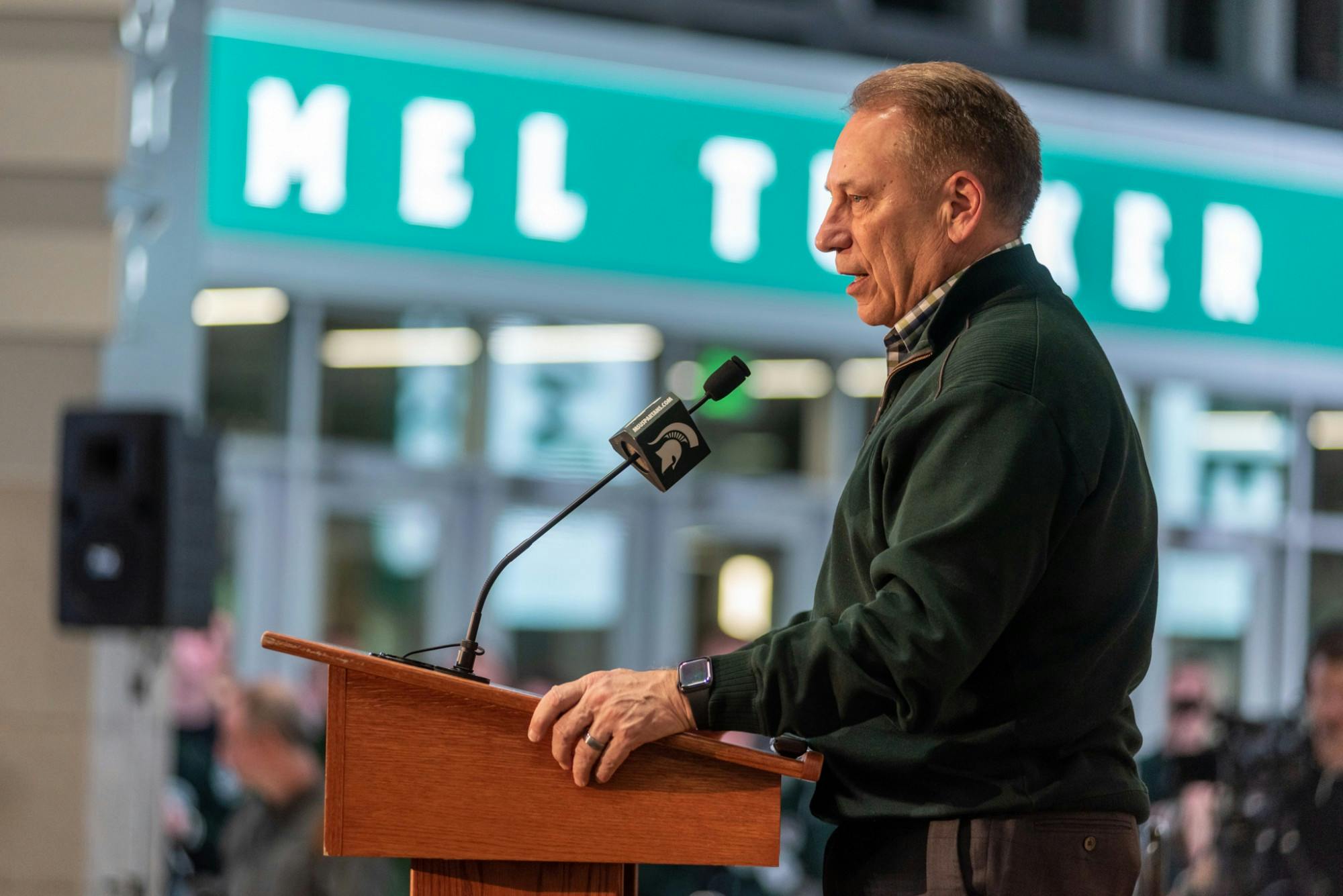 <p>Head basketball coach Tom Izzo speaks at the introductory press conference for new head football coach Mel Tucker at the Breslin Student Events Center on Feb. 12, 2020.</p>