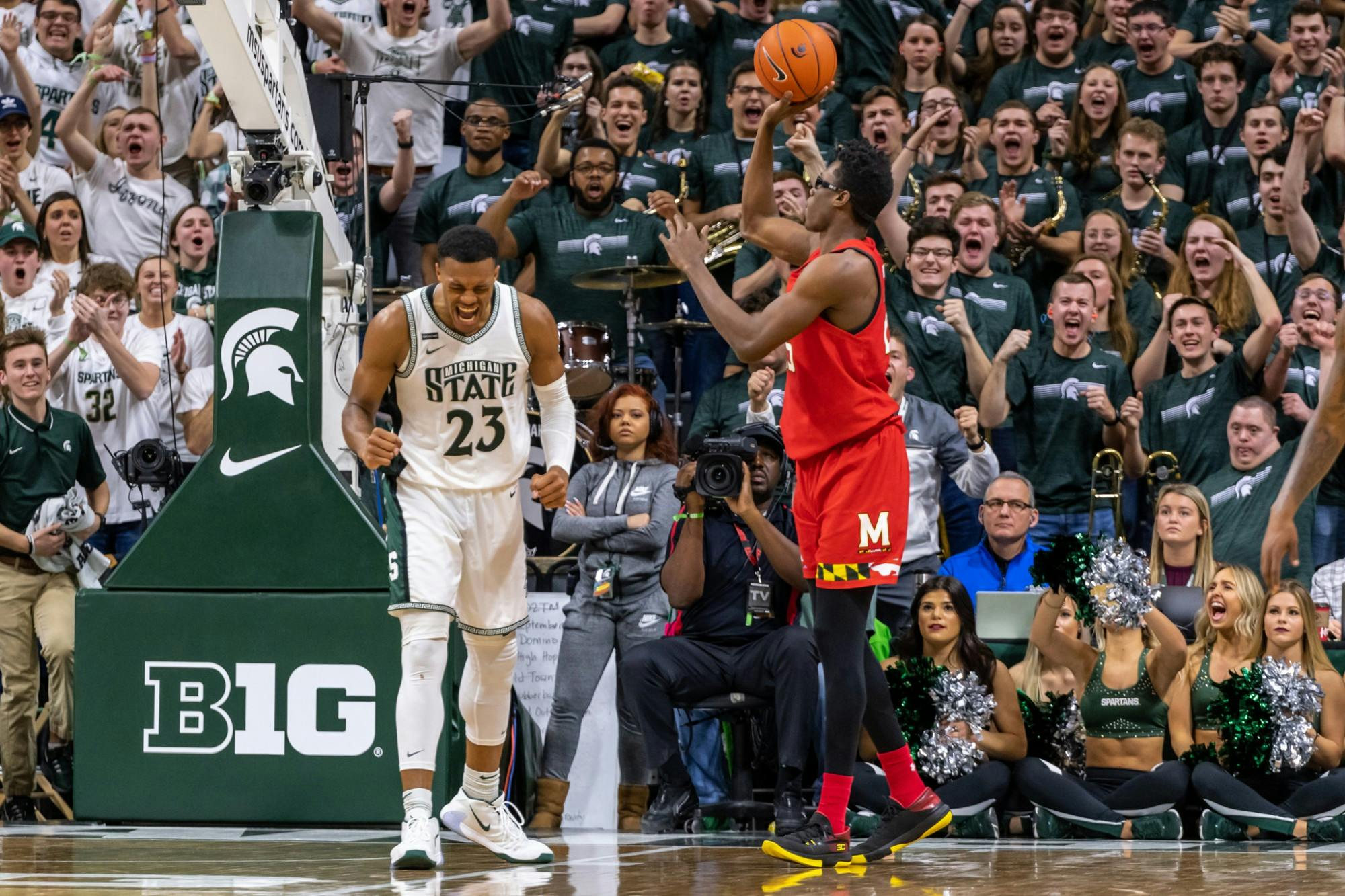 <p>Junior forward Xavier Tillman (23) celebrates after an offensive foul is called against Maryland. The Spartans fell to the Terrapins, 60-67, at the Breslin Student Events Center on Feb. 15, 2020. </p>