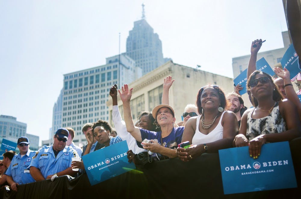 The crowd cheer as Vice President Joe Biden delivers a campaign-style speech on on Monday, Sept. 3, 2012 in downtown Detroit on Labor Day. Justin Wan/The State News