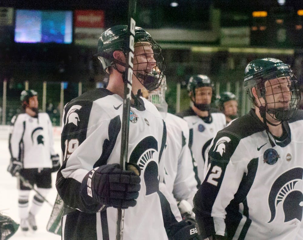 	<p>Freshman forward Matt DeBlouw takes a final lap around the ice with teammates Friday, 19 October, 2012, at Munn Ice Arena. <span class="caps">MSU</span> won the game against Niagara University, 3-2. Danyelle Morrow/The State News</p>