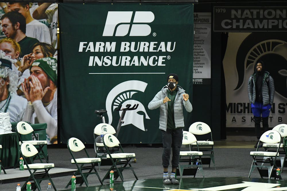 <p>Michigan State men&#x27;s basketball guard/forward Gabe Brown makes an appearance on the sideline prior to the Spartan women&#x27;s basketball game on Dec. 18, 2020. Brown, of course, was dancing and enjoying the music played during pregame warmups. </p>