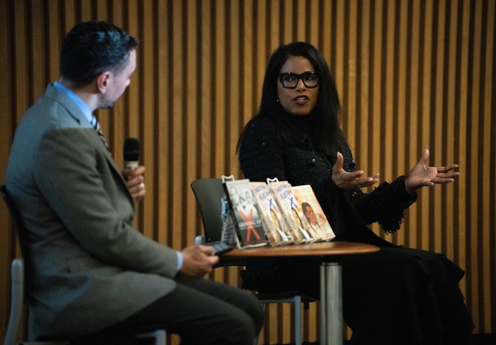 <p>Author, activist and daughter of Malcolm X Ilyasah Shabazz answers questions from Michigan State Muslim Studies Program Director Mohammad Khalil at Erikson Hall during the university's fourth annual Malcolm X Community Forum on Jan. 21, 2024.</p>