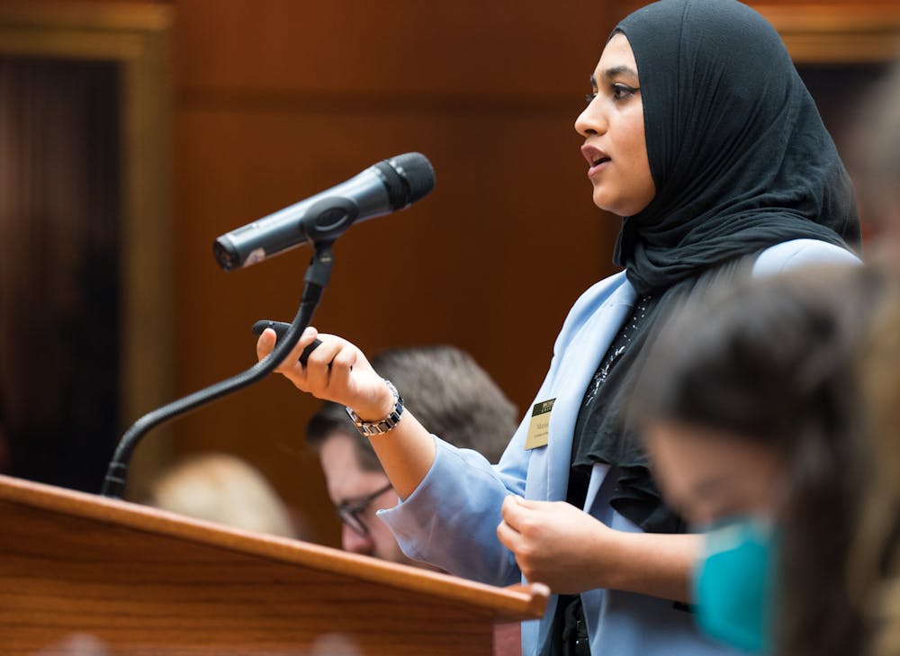 Michigan State senior in french and physiology Mariam Sayed giving her research presentation to the board. The Michigan State University Board of Trustees met in the Hannah Administration Building, on April 22, 2022.
