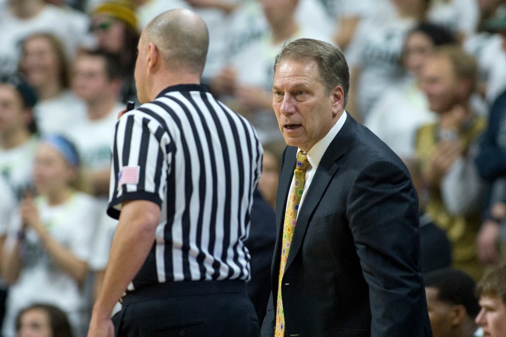 Head coach Tom Izzo talks to the referee during the game against Iowa on Jan. 14, 2016 at Breslin Center. The Spartans were defeated by the Hawks, 76-59 .