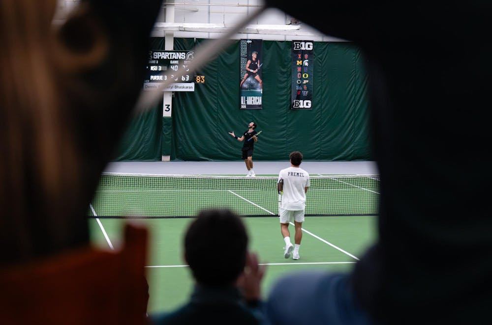 <p>Ozan Baris, senior on the MSU men’s tennis team, moments after defeating Purdue sophomore Maj Premzl in the clinching match to secure the Big Ten Conference championship for the MSU men’s tennis team at the MSU Tennis Center in Lansing, Mich., Sunday, April 19, 2026.</p>