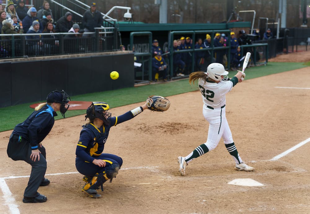 <p>Michigan State sophomore Alexis Barroso (32) hitting a foul ball then grounding out shortly after in the forth inning. Michigan State lost 3-0 to Michigan at the Secchia Stadium, on April 19, 2022.</p>