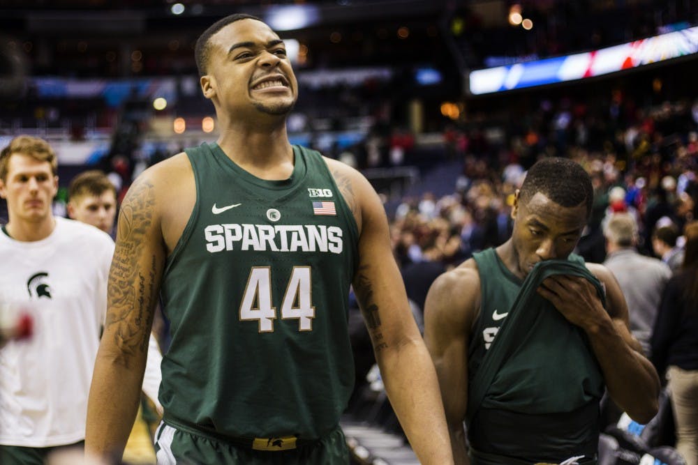 Freshman forward Nick Ward (44) expresses emotion after the games against Minnesota in the third round of the Big Ten Tournament on March 10, 2017 at Verizon Center in Washington D.C. The Spartans were defeated by the Golden Gophers, 63-58.
