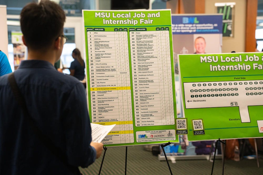 Student looking at the map at the MSU Local Job and Internship Fair held at the Spartan Stadium Office Tower on Sep 7, 2023. 