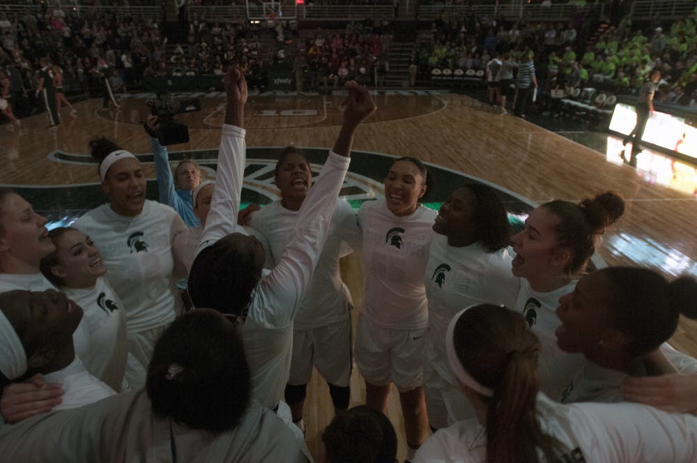 The women's basketball team gathers together before the game against Notre Dame on Dec. 20, 2016 at Breslin Center. The Fighting Irish defeated the Spartans, 79-61. 