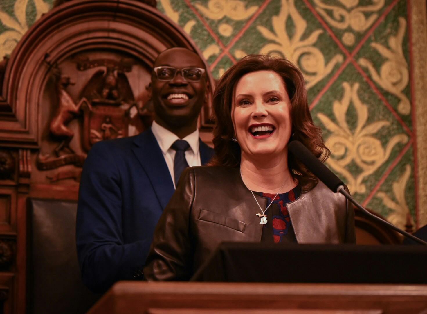 Michigan Governor Gretchen Whitmer during her State of the State address at the Michigan State Capitol building in Lansing on January 29, 2020.