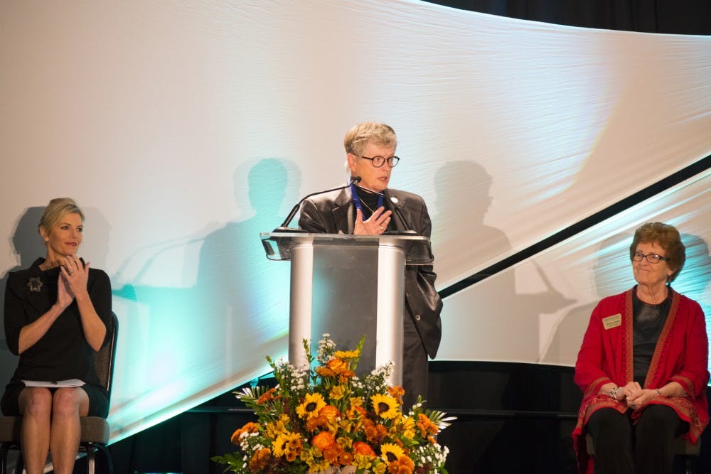 MSU president Lou Anna K. Simon gives thanks for her induction into the Hall of Fame on Oct. 19, 2016 at Kellog Center in East Lansing. The event was put on for all of the newest members of the Michigan Women's Hall of Fame. Lets was the first African-American teacher in the Lansing School District.  