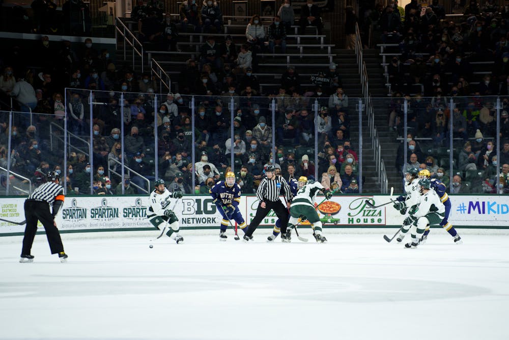 <p>Michigan State sophomore Jeremy Davidson progressing the puck up the rink on Feb. 18, 2022. Spartans lost 2-1 against Notre Dame.</p><p><br/><br/><br/><br/><br/><br/></p>