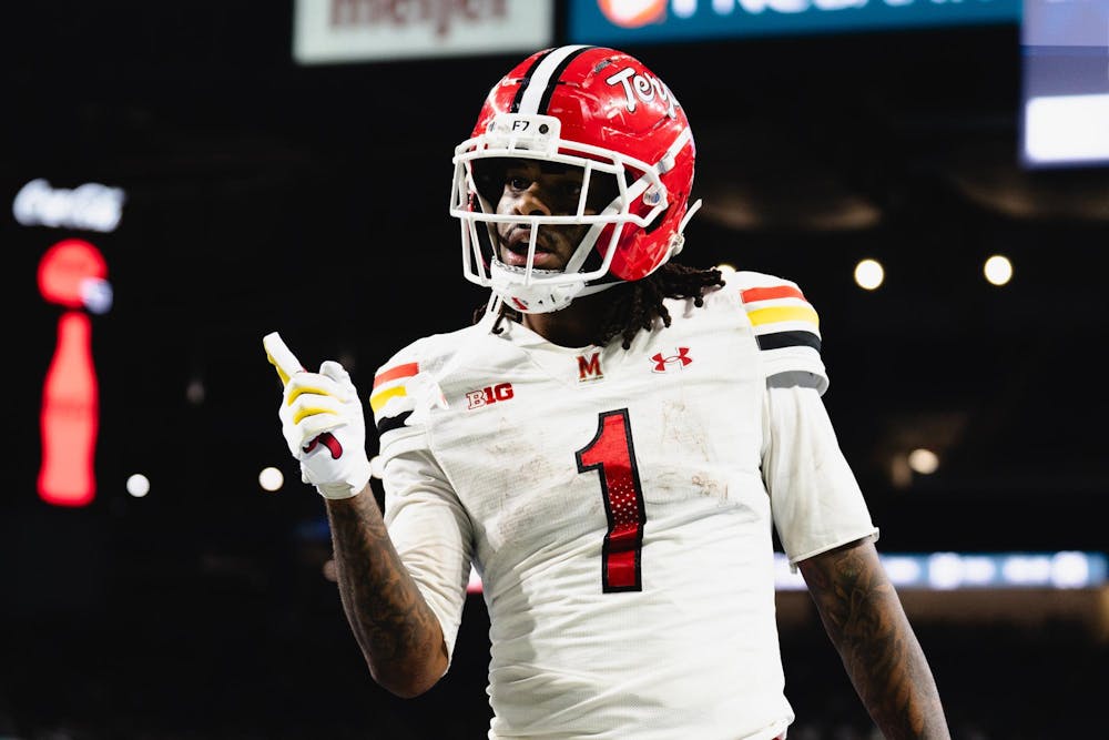 <p>Maryland senior Wide Reciever Jalil Farooq (1) celebrates after a touchdown at the Ford Field Stadium in Detroit, MI, on Nov. 29, 2025.</p>