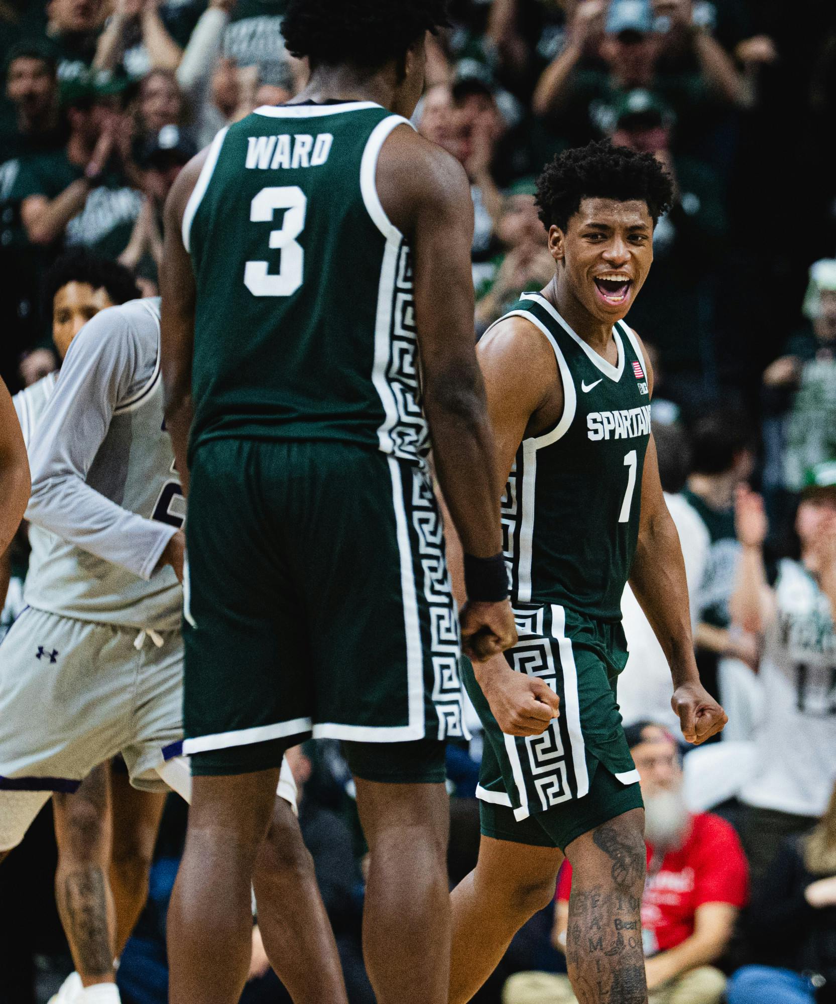 <p>Michigan State redshirt sophomore guard Jeremy Fears Jr. (1) celebrates with his teammates during the Northwestern matchup at the Breslin Center in East Lansing, Michigan, on Thursday, Jan. 8, 2026.</p>