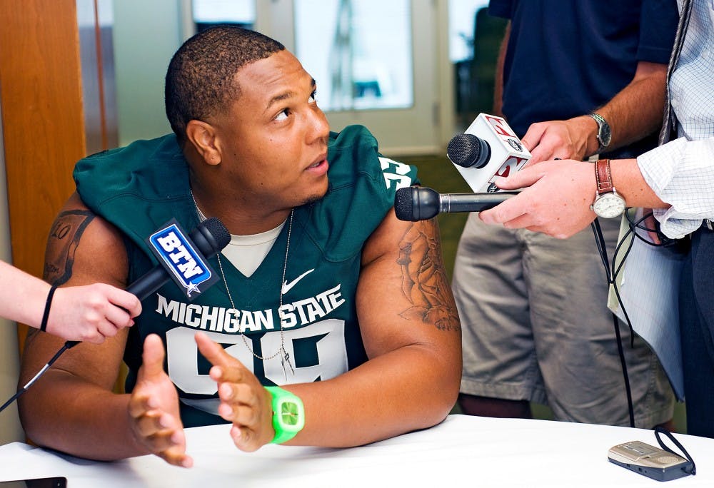	<p>Senior defensive tackle Jerel Worthy answers questions posed by reporters during Monday&#8217;s media day on the fourth floor of Spartan Stadium. </p>