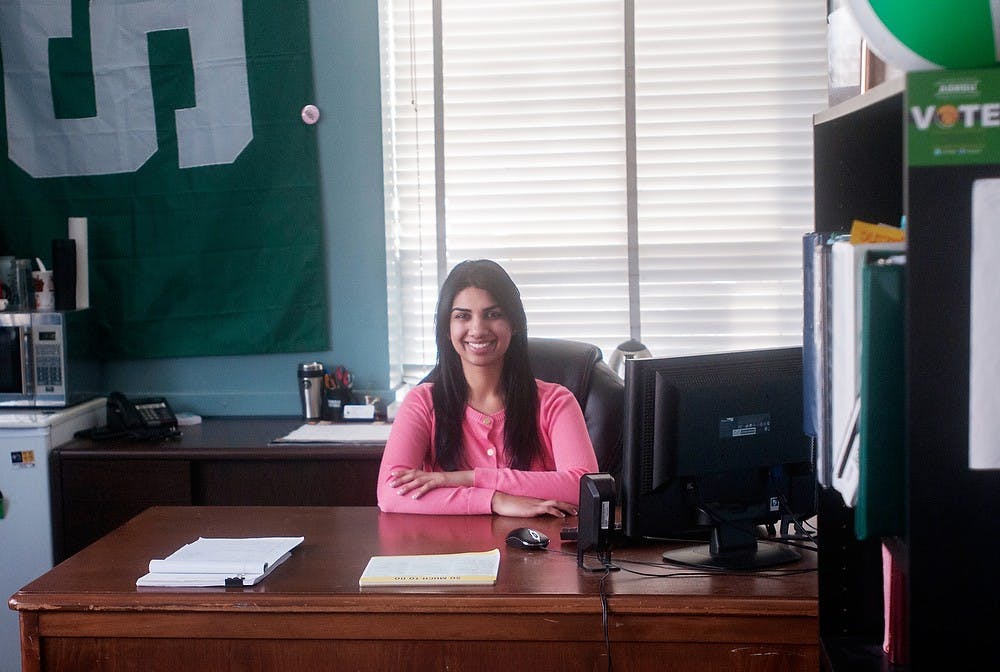 	<p><span class="caps">ASMSU</span> president Kiran Samra, marketing and communication junior, poses for a portrait in her office Feb. 12, 2014, at Student Services Building. She was appointed as president at the beginning of this month. Betsy Agosta/The State News</p>