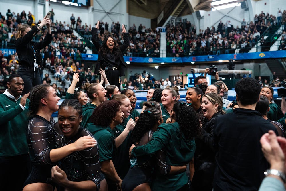 <p>Michigan State University gymnastics team reacting to winning the Big Ten Championships at Jenison Field House on March 23, 2024.</p>