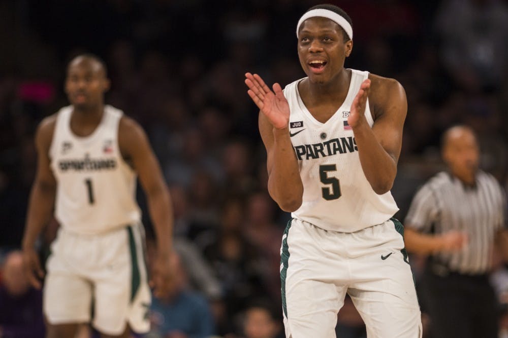 Sophomore guard Cassius Winston (5) claps during the first half of the 2018 Big Ten Men's Basketball semifinal game against Michigan on March 3, 2018 at Madison Square Garden in New York. The Spartans were defeated by the Wolverines, 75-64. (Nic Antaya | The State News)