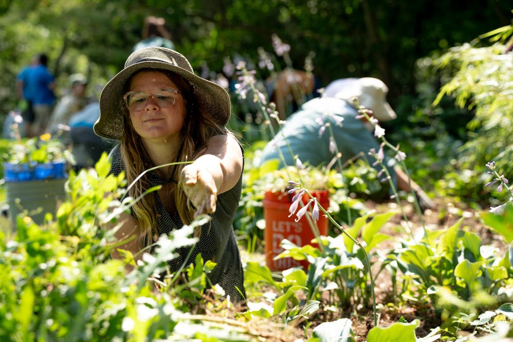 <p>Bethany Troy, the lead garden caretaker, pulls weeds from a flowerbed in the Beal Garden on Michigan State University's campus, July 17, 2024. Established in 1873, Beal Garden is the oldest university botanical garden in the United States.</p>