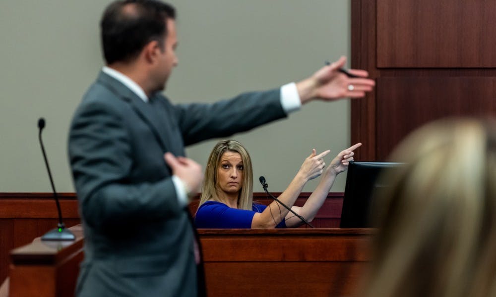 <p>Defense attorney John Dakmak questions Dr. Nicole Eastman during the trial of Dr. William Strampel, former dean of the MSU College of Osteopathic Medicine, at the Ingham County Circuit Court on June 4, 2019.</p>