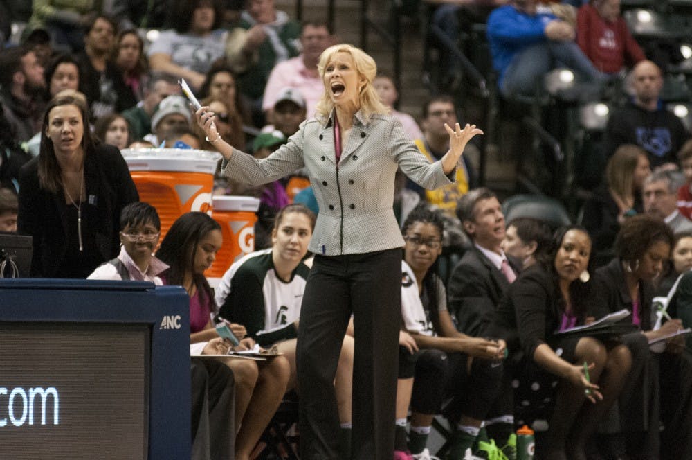 Head coach Suzy Merchant reacts to a call during the women's basketball Big Ten Tournament semifinals game against Ohio State University on March 5, 2016 at Bankers Life Fieldhouse in Indianapolis. The Spartans defeated the Buckeyes, 82-63