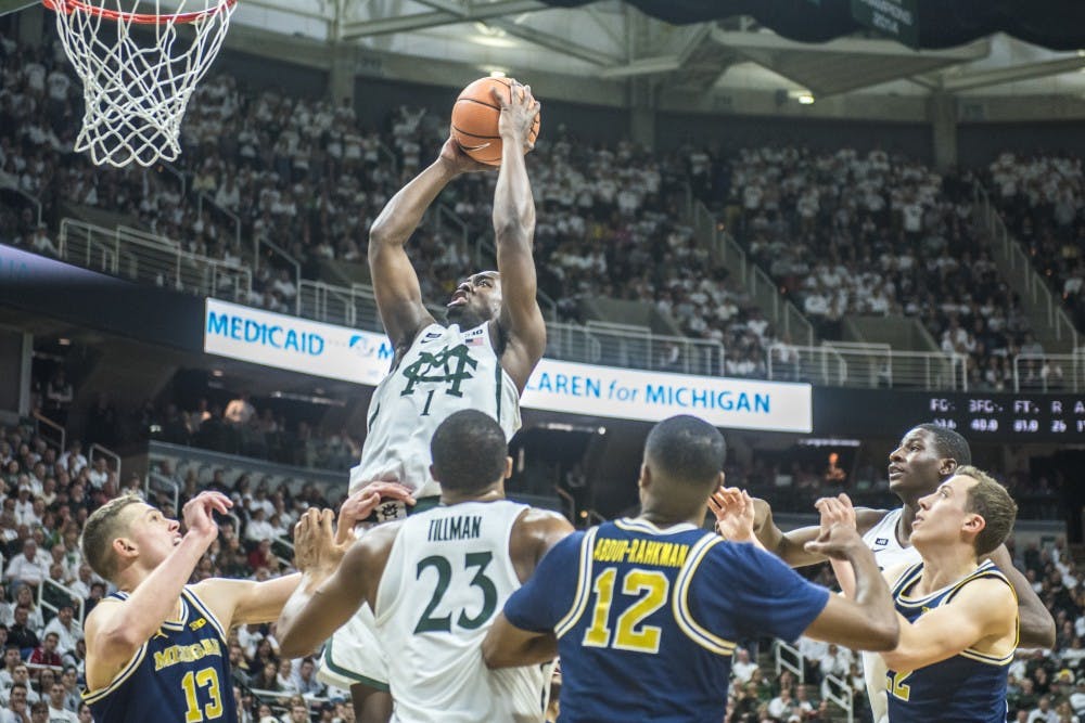 Sophomore guard Joshua Langford (1) shoots the ball during the men's basketball game against Michigan on Jan. 13, 2018 at Breslin Center. The Spartans were defeated by the Wolverines, 82-72. (Nic Antaya | The State News)