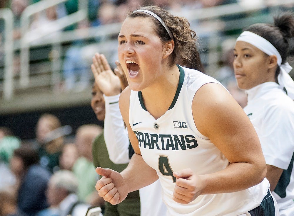 	<p>Sophomore center Jasmine Hines celebrates from the sidelines after sophomore forward Becca Mills got a two-point field goal and a favorable foul call. The Spartans defeated the Hokies, 57-29, Nov. 18, 2012, at Breslin Center. Justin Wan/The State News</p>