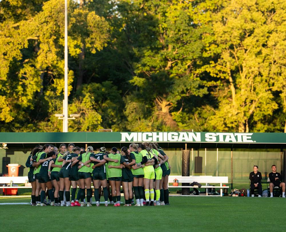 <p>The Michigan State women's soccer team huddles before their match against Nebraska at DeMartin Stadium in East Lansing, Mich., on Thursday, Sept. 24, 2026.</p>