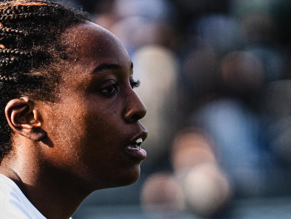 <p>MSU junior forward Kennedy Bell (24) glances down field at DeMartin Soccer Stadium in East Lansing, Michigan on Nov. 23, 2025.</p>