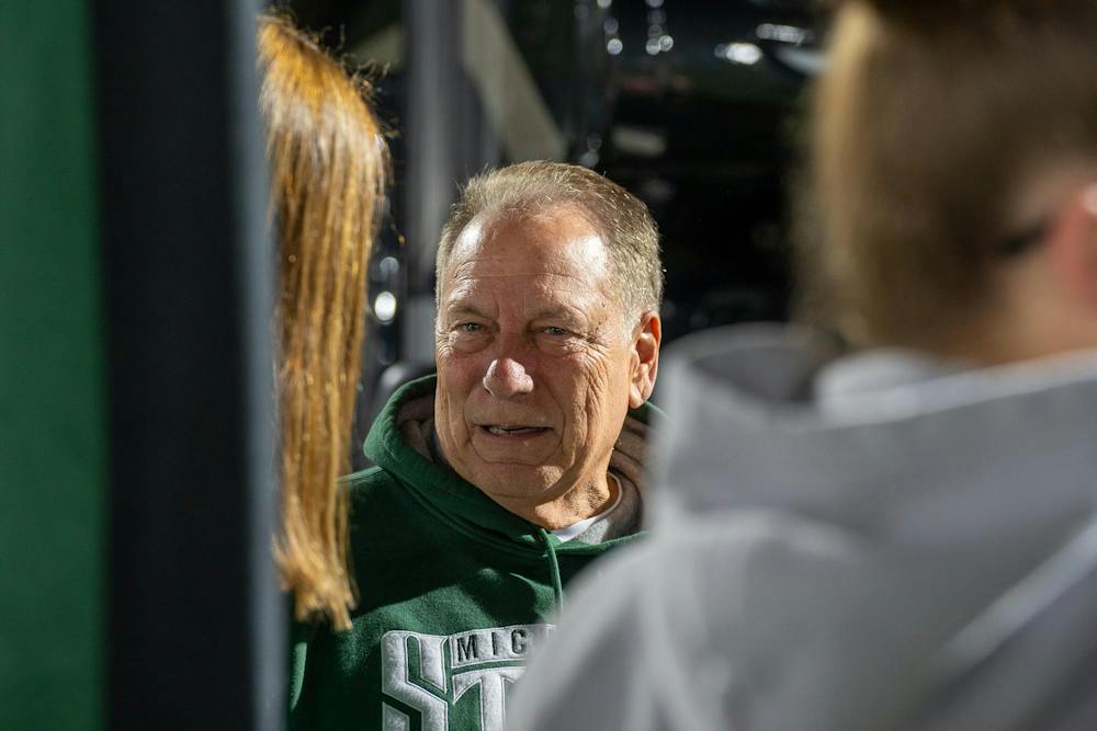 <p>Tom Izzo speaks with students at the Izzone Campout on Munn Field in East Lansing, Mich., on Friday, Oct. 2, 2026.</p>