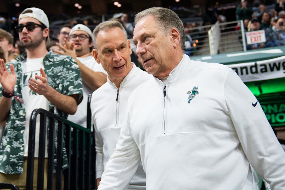 <p>Coach Tom Izzo walking onto the court before a game against Ohio State University at the Breslin Student Event Center on Feb. 25, 2024.</p>