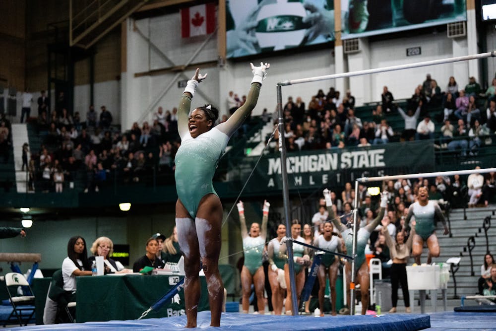 <p>Junior All-Around Gabrielle Stephen after finishing her dismount at the MSU vs. Penn State meet at the Jenison Field House on Feb. 4, 2023. The Spartans beat the Nittany Lions 197.450 - 195.475.</p>