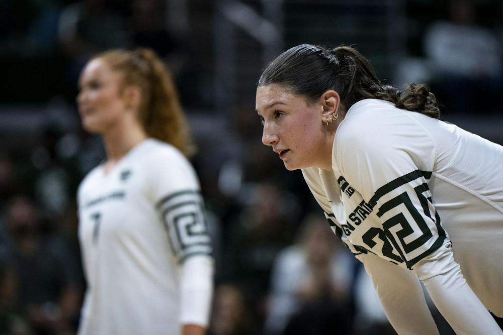 Michigan State junior middle blocker Carmen Waye (22) prepares to return a serve during a match at the Breslin Center in East Lansing, Mich., on Friday, Sept. 2026.