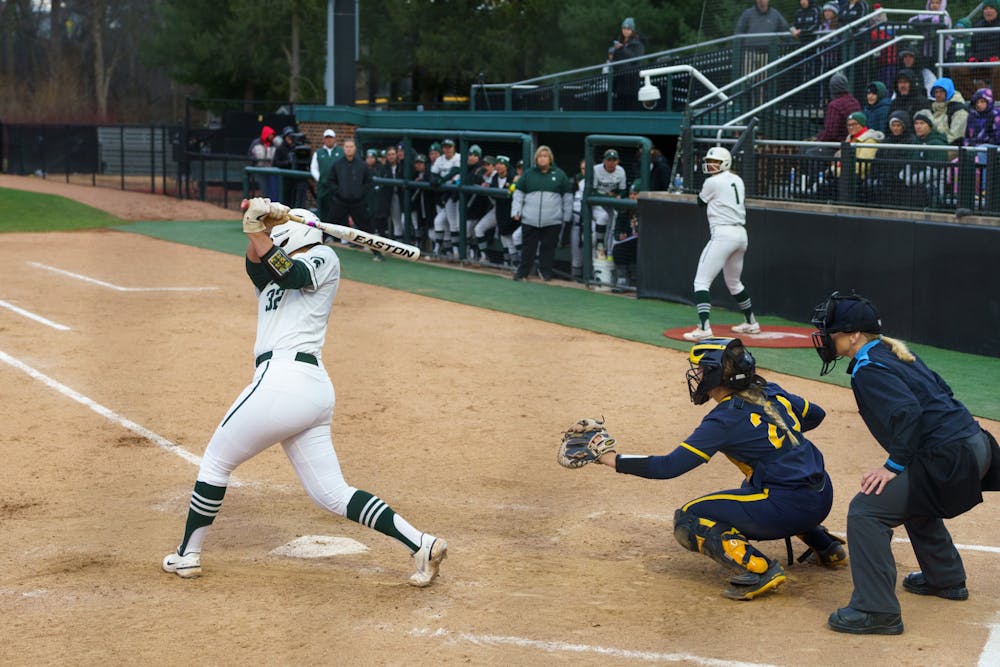 <p>Michigan State sophomore Alexis Barroso (32) striking out in the bottom of the sixth inning. Michigan State lost 3-0 to Michigan at the Secchia Stadium, on April 19, 2022.</p>