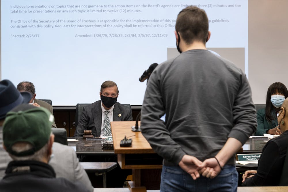 <p>Troy Distelrath spoke during public comment at the Board of Trustees meeting at the Hannah Administration Building on Oct. 29, 2021.</p>